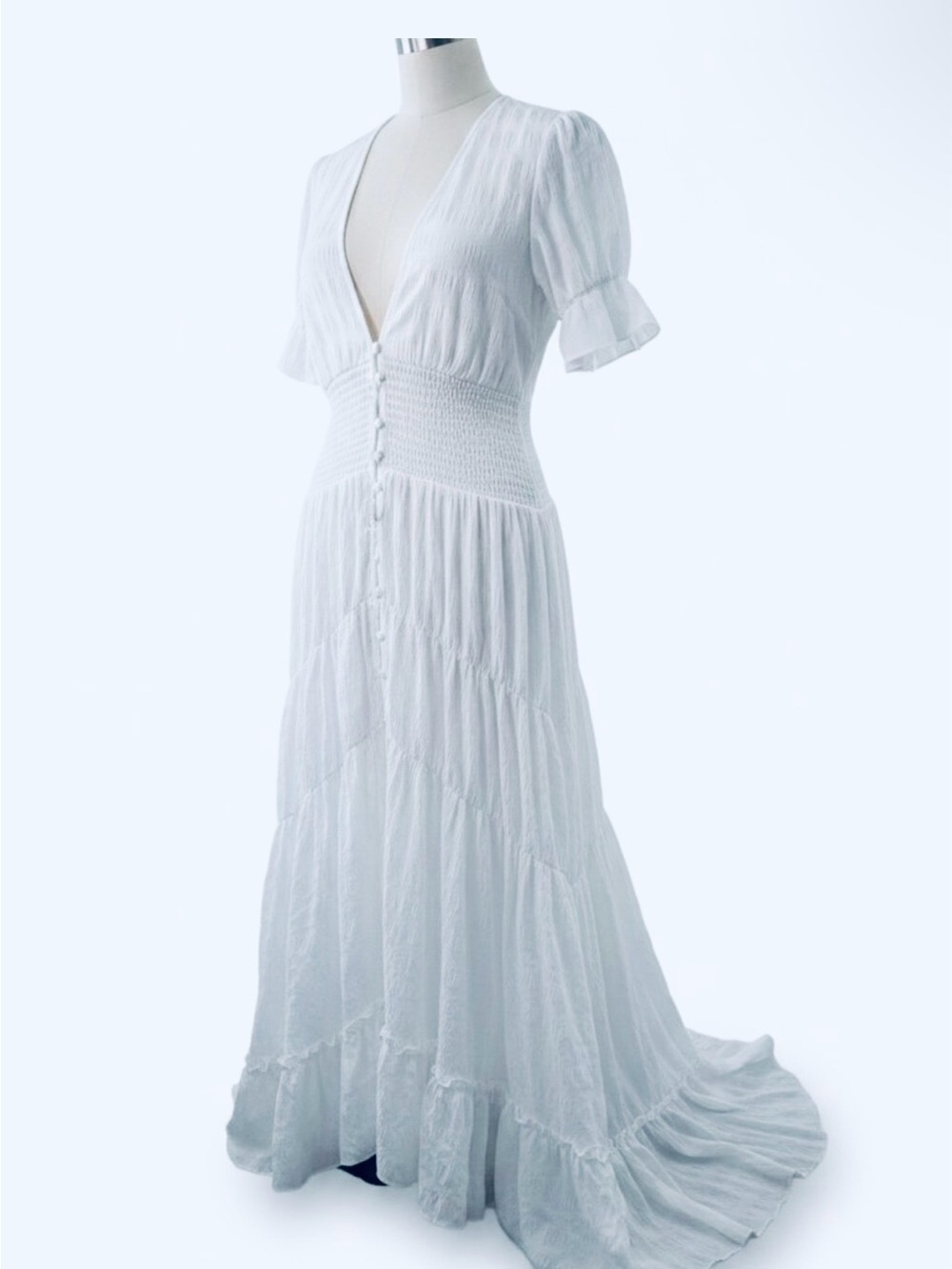 White Puff Sleeve Tiered Maxi Dress - No Brand - Size S/M (See Measurements)